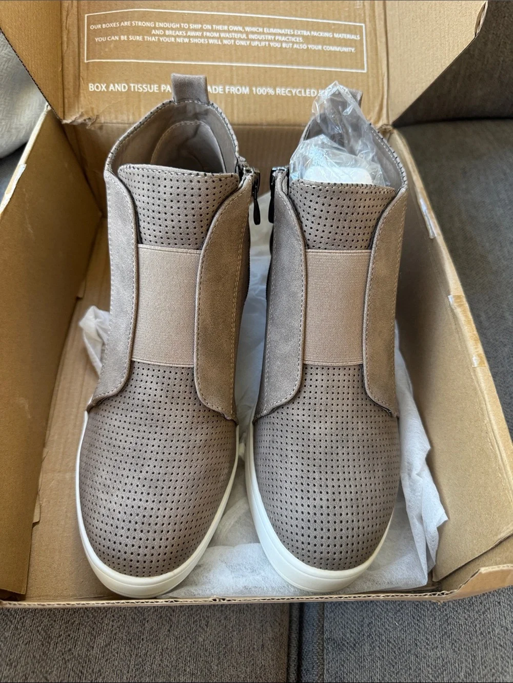 Journee Collection Taupe Perforated Wedge Sneaker Bootie with Side Zip
